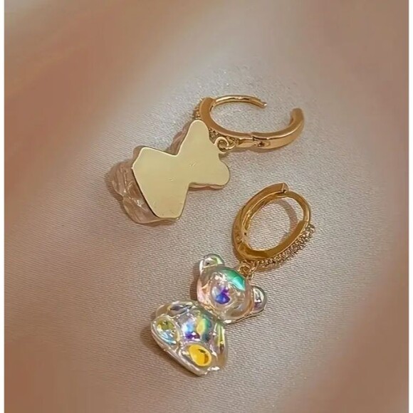 Gold Crystal Iridescent Gummy Bear Lever Back Earrings - Picture 4 of 7